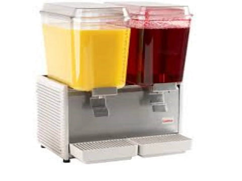 Cold beverage dispenser with two containers, one yellow and one red drink. Bearing Sleeve Pack Of 12 For Bubbler Type Cold Beverage Dispensers Replacement Part Replaces 3220 Fits D15 D25 D35 E29 E49 For Easy Maintenance And Smooth Reliable Dispensing needed for replacement.