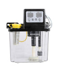 Front view of Dual Digital Display Automatic Oil Lubrication Pump for CNC engraving router machines, featuring visual oil level gauge.