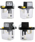 Four views of Dual Digital Display Automatic Oil Lubrication Pump For CNC Engraving Router Machines, 110V 2L with oil level gauge.