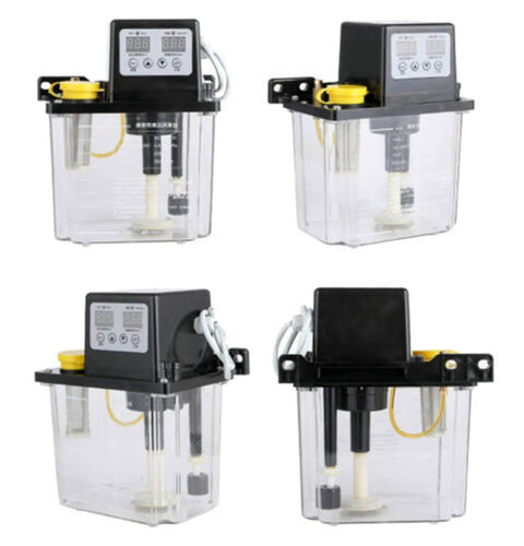 Four views of Dual Digital Display Automatic Oil Lubrication Pump For CNC Engraving Router Machines, 110V 2L with oil level gauge.
