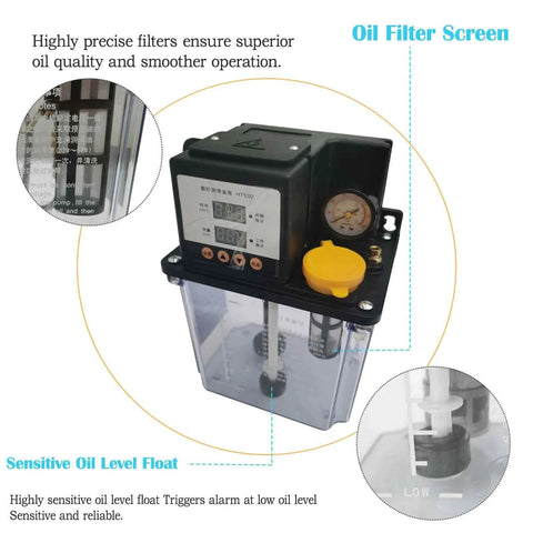2L 110V Automatic Lubrication Pump With Dual Digital Display Gear Oiler for CNC Machines displaying features and settings