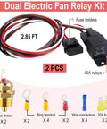 Dual 12V Electric Fan Relay Kit with 40A relays, wiring, and thermostat switch for 10 to 16 inch radiator fans, 2 pack set