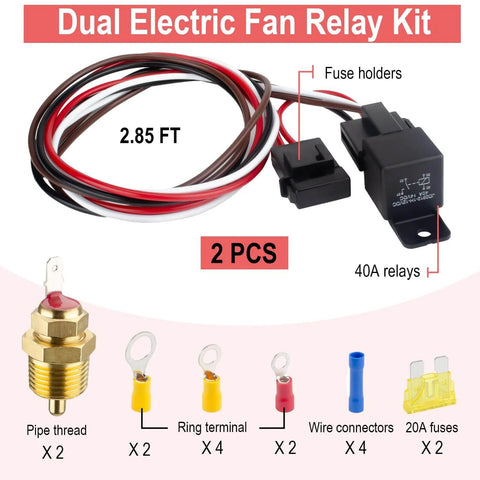 Dual 12V Electric Fan Relay Kit with 40A relays, wiring, and thermostat switch for 10 to 16 inch radiator fans, 2 pack set