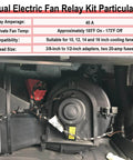 Dual 12V Electric Fan Relay Kit installed with 40A relays and 185-degree thermostat switch in vehicle engine bay.