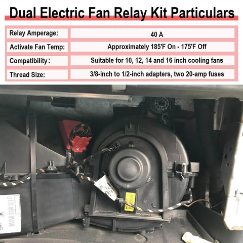 Dual 12V Electric Fan Relay Kit installed with 40A relays and 185-degree thermostat switch in vehicle engine bay.