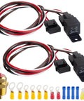 Dual 12V Electric Fan Relay Kit With 40A Relays And 185 Degree Thermostat Switch Easy Direct Fit Replacement For 10 To 16 Inch Radiator Fans Replaces Faulty Wiring Keeps Your Truck Ride Cool 2 Pack shown with wiring harness and connectors.