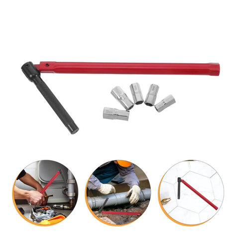 Dual Ended Plumbing Wrench Set 8-13mm with socket and spanner wrenches for faucet and sink installations, shown with attachments.