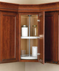 Dual 18 Inch Full Circle Lazy Susan Organizer in wooden upper corner cabinet with jars, showcasing 2-tier white plastic turntable shelves.