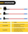 Add A Circuit Fuse Adapter Kit For 12V Cars Trucks And Boats With Dual Fuse Holders Standard And Mini TAP Blade Fuses Easy Tap Installation 10 Pack 3 Different Connector Types Blue Red Black 2 Year Warranty displayed.