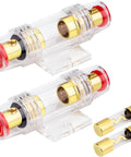 Dual Fuse Holder Kit With 100A AGU Fuses, In Line Car Audio Fuse Block For 4-8 AWG Wire, gold-plated terminals shown.