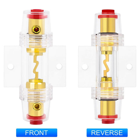 Front and reverse view of Dual Fuse Holder Kit With 100A AGU Fuses, In Line Car Audio Fuse Block, clear body, gold plated terminals.