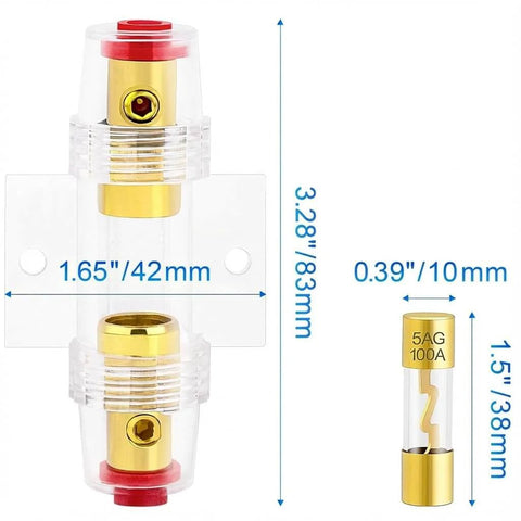 Dual Fuse Holder Kit with 100A AGU Fuses, dimensions, gold-plated terminals, clear polycarbonate body, for car audio protection