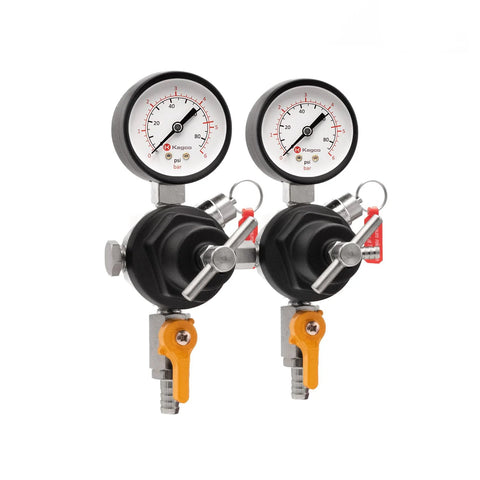 Dual Gauge Secondary Regulator for Two Kegs Dispensing From One CO2 Tank By Kegco, black finish, commercial grade, front view