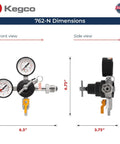 Commercial Grade Nitrogen Gas Regulator with Double Gauges for Kegerators, front and side views, showing dimensions.