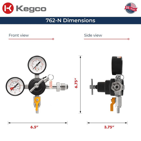 Commercial Grade Nitrogen Gas Regulator with Double Gauges for Kegerators, front and side views, showing dimensions.