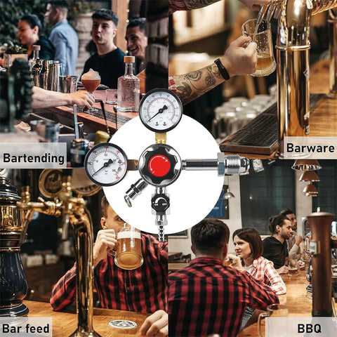 Dual Gauge Nitrogen Regulator For Draft Beer CGA-580 With Pressure Release Valve, shown with bar and beer tap systems.