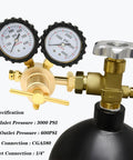 Nitrogen Regulator 0 To 600 PSI CGA580 Inlet One Quarter Inch Male Flare Outlet Heavy Duty Handle Self Reseating Relief Valve Ideal For HVAC Purging Inertization And Pressure Tests For Pros And DIY Brazing Soldering Tank Use, showcasing dual pressure gauges and brass valve on a tank connector.
