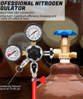 Nitrogen Regulator For Keg And Kegerator With Dual Gauges CGA 580 showing gauges connected to a keg in home brewing setup.