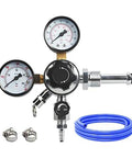 Dual Gauge Nitrogen Regulator CGA580 For Draft Beer Systems With 0 To 100 PSI Delivery Pressure, blue gas line, and worm clamps