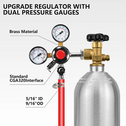 Dual Gauge Nitrogen Regulator For Draft Beer CGA-580 With Pressure Release Valve Red Gas Line And Free Worm Clamps, shown installed.