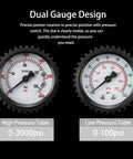 Close-up of dual gauge design showing high and low pressure tables for a nitrogen regulator, 0-3000 psi and 0-100 psi.