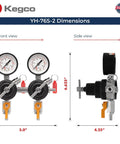 Diagram showing front and side view dimensions of Dual Gauge Secondary Regulator for Two Kegs Dispensing From One CO2 Tank By Kegco Black Finish Commercial Grade YH76S2
