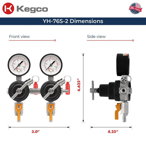 Diagram showing front and side view dimensions of Dual Gauge Secondary Regulator for Two Kegs Dispensing From One CO2 Tank By Kegco Black Finish Commercial Grade YH76S2