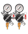 Dual Gauge Secondary Regulator for Two Kegs Dispensing From One CO2 Tank By Kegco, black finish, commercial grade, front view.
