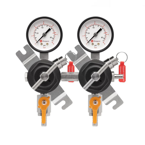 Dual Gauge Secondary Regulator for Two Kegs Dispensing From One CO2 Tank By Kegco, black finish, commercial grade, front view.