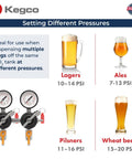 Graphic displaying Kegco dual gauge secondary regulator with pressure settings for lagers, ales, pilsners, and wheat beers.