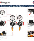 Image showing Dual Gauge Secondary Regulator for Two Kegs Dispensing From One CO2 Tank By Kegco Black Finish with labeled parts and features