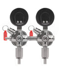 Front view of Dual Gauge Secondary Regulator for Two Kegs Dispensing From One CO2 Tank By Kegco Black Finish, commercial-grade.