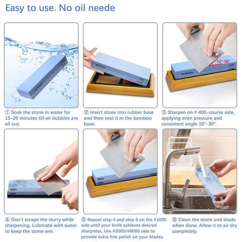 Complete Knife Sharpening Stone Set With Dual Grit Whetstones Grit 400 1000 And 3000 8000 showing step-by-step sharpening instructions