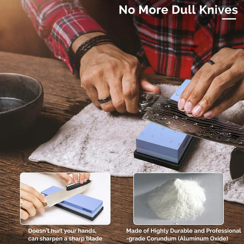 Complete Knife Sharpening Stone Set With Dual Grit Whetstones Grit 400 1000 And 3000 8000 in use on a knife blade