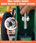 Hand using Upgraded 6 Jaw Lock On Grease Gun Coupler with non slip double handle, securing on zerk fittings for high pressure seal, Luckwagon.