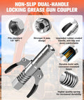 Diagram showcasing the Upgraded 6 Jaw Lock On Grease Gun Coupler with non-slip double handle and high pressure seal, highlighting features.