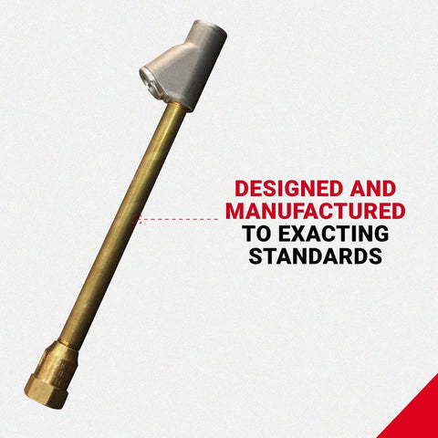 Rugged dual head straight air chuck tire gauge with 1/4 inch FNPT threads delivers fast, accurate pressure readings up to 150 PSI, locks onto valve cores and fits inner duals