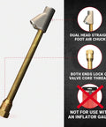Rugged dual head straight air chuck tire gauge with 1/4 inch FNPT threads shown in brass finish, locks onto valve cores.