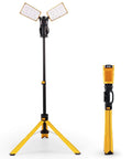 Upgraded 6290Pro 15000 Lumen 105 Watt Dual Head LED Work Light With Telescoping Tripod Stand Rotating Waterproof Lamps And 8 Ft 3 Prong Power Cord For Job Site Use Lutec, shown assembled and folded.
