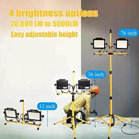 Beast Bright Dual Head LED Work Light with Tripod Stand shown in various height adjustments and four brightness levels.