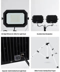 Dual Head 200W LED Work Light With Adjustable Telescoping Tripod Stand, showing front and back views with switches and tripod.