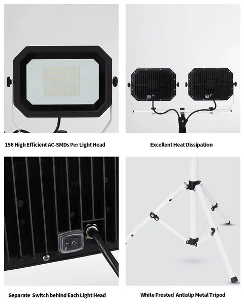Dual Head 200W LED Work Light With Adjustable Telescoping Tripod Stand, showing front and back views with switches and tripod.