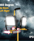 Beast Bright Dual Head LED Work Light With Tripod Stand, 180W 20000 Lumens, shown in 360-degree rotation in rainy weather