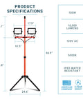 Heavy Duty Dual Head LED Work Light With Telescoping Tripod Up To 6 Ft Tall, 100W High Output, 10,000 Lumen Total, IP65 Waterproof