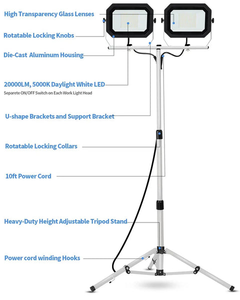 Dual Head 200W LED Work Light With Adjustable Telescoping Tripod Stand, 20000 Lumen And 10000 Lumen Brightness Options, shown with features