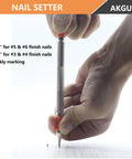 Using Two Piece Dual Head Nail Setter Kit With Hardened Steel Tips For Precise Wood Joinery Includes Sizes One Thirty Second Inch One Sixteenth Inch Three Thirty Second Inch And One Eighth Inch Hammerless Start And Flush Set Finish Nails In Wood on a wood surface.
