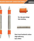 Two Piece Dual Head Nail Setter Kit With Hardened Steel Tips For Precise Wood Joinery Includes Sizes One Thirty Second Inch One Sixteenth Inch Three Thirty Second Inch And One Eighth Inch Hammerless Start And Flush Set Finish Nails In Wood, showing no-slip grip design and size marking.