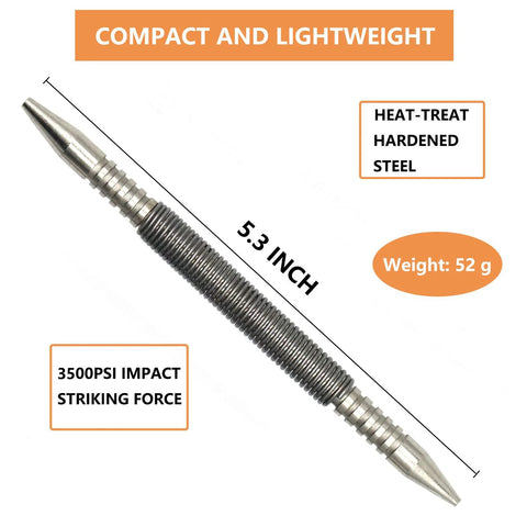 Two-Piece Dual Head Nail Setter with 3/32 and 1/8 inch heads delivers precise flush countersinking in finish carpentry; compact hammerless design with 3500 PSI spring-loaded operation fits tight spaces for trim, molding, and fast, clean nail setting; heat-treated hardened steel with 5.3-inch length and 52g weight