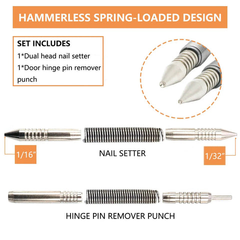 Two Piece Dual Head Nail Setter And Hinge Pin Punch Set Hammerless For Door Pins And Nail Setting One Thirty Second Inch And One Sixteenth Inch Sizes