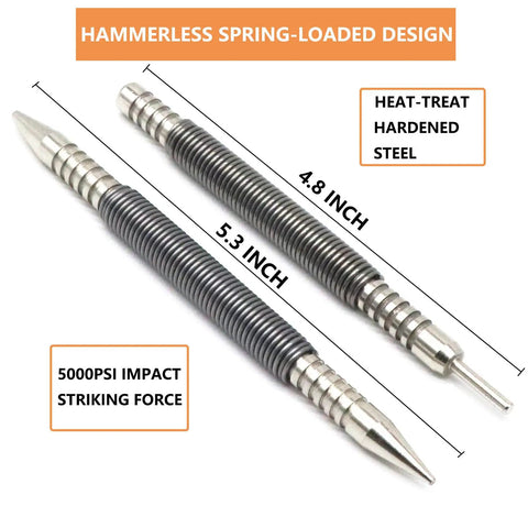 Two Piece Dual Head Nail Setter And Hinge Pin Punch Set Hammerless For Door Pins And Nail Setting One Thirty Second Inch And One Sixteenth Inch Sizes Delivers Three Thousand Five Hundred PSI Striking Force No Hammer Needed with labeled dimensions and features displayed